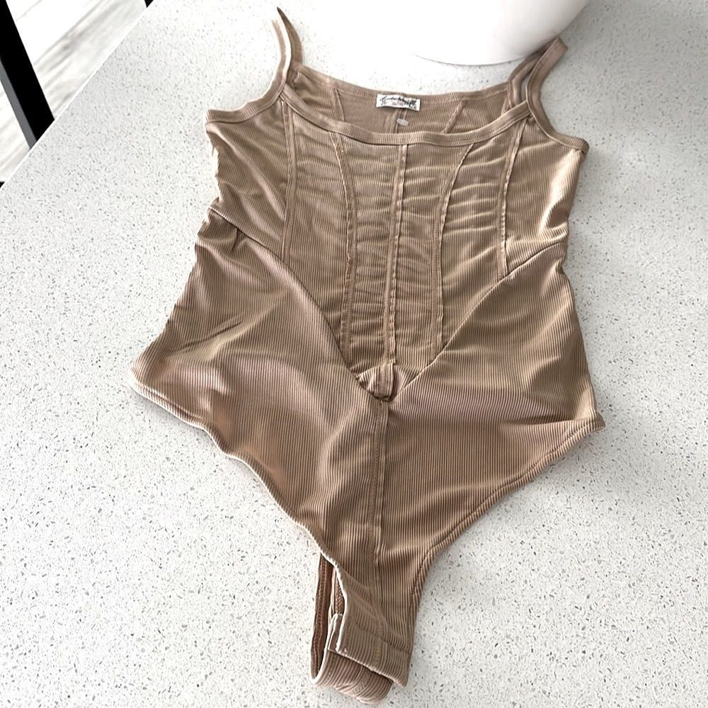 NWOT Free People That Girl Corset Bodysuit Thong Ribbed Nude Earthy Seam…
